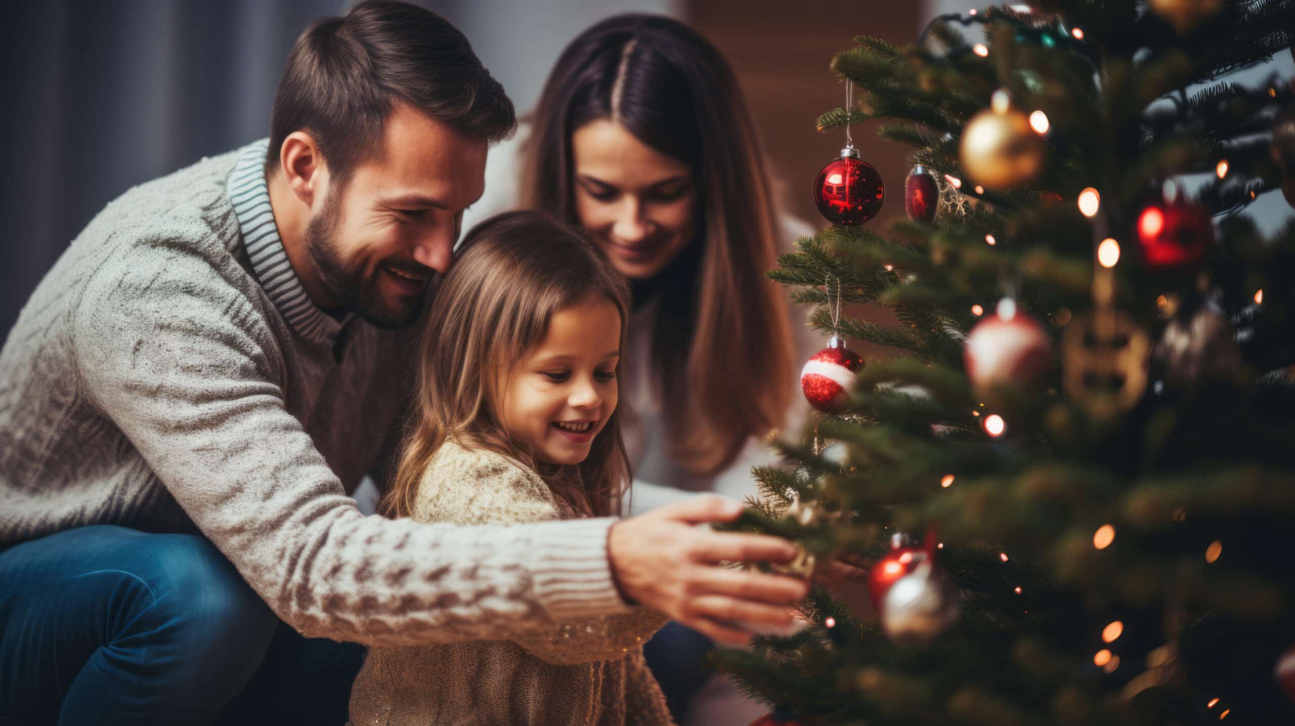 Family decorating a holiday tree