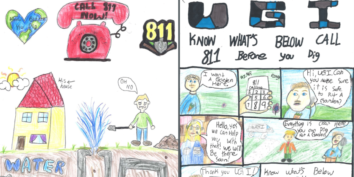 Posters created by local students about the importance of calling 811 before you dig.