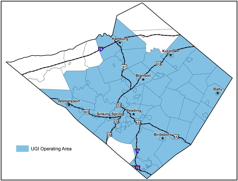 Map of Berks County PA with some of the major towns and cities such as Reading, Wyomissing, Hamburg, and Kutztown. UGI gas territory is shaded blue.