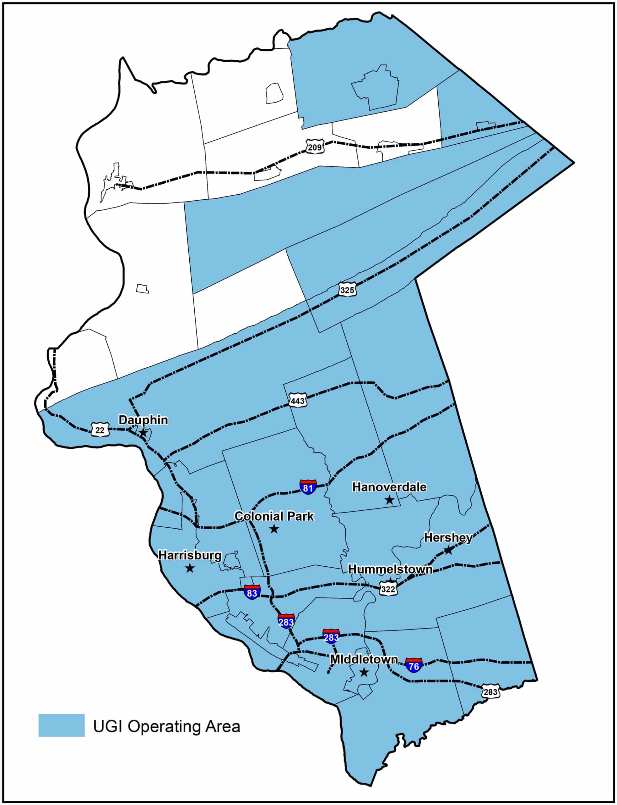 Map of Dauphin County PA with some of the major towns and cities such as Harrisburg, Dauphin, Colonial Park, Hanoverdale, Hershey, Hummelstown, and Middletown. UGI gas territory is shaded blue.