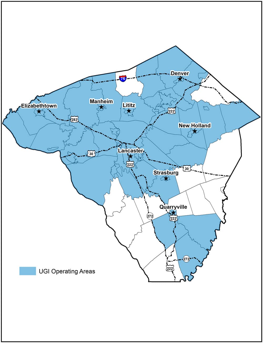Map of Lancaster County PA with some of the major towns and cities such as Lancaster, Ephrata, Lititz, Strasburg, Elizabethtown, and Denver. UGI gas territory is shaded blue.