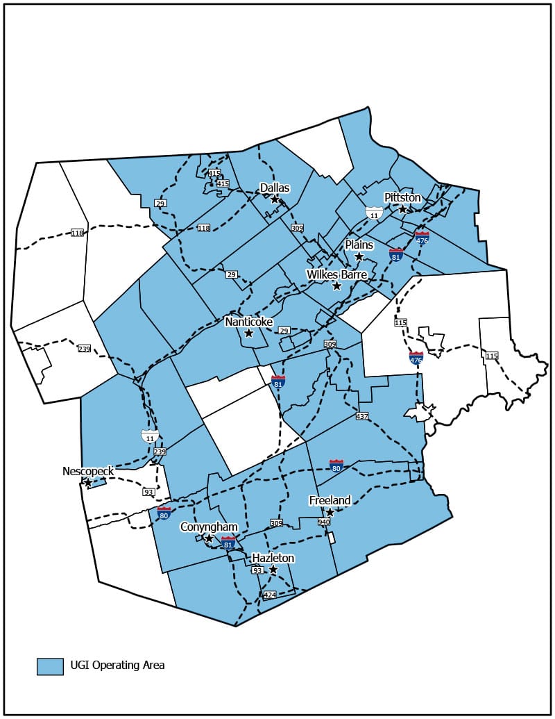 Map of Lehigh County PA with some of the major towns and cities such as Allentown, Bethlehem, Emmaus, and Macungie. UGI gas territory is shaded blue.