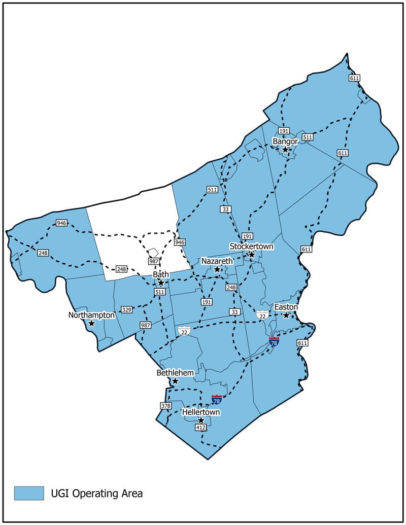 Map of Lehigh County PA with some of the major towns and cities such as Allentown, Bethlehem, Emmaus, and Macungie. UGI gas territory is shaded blue.